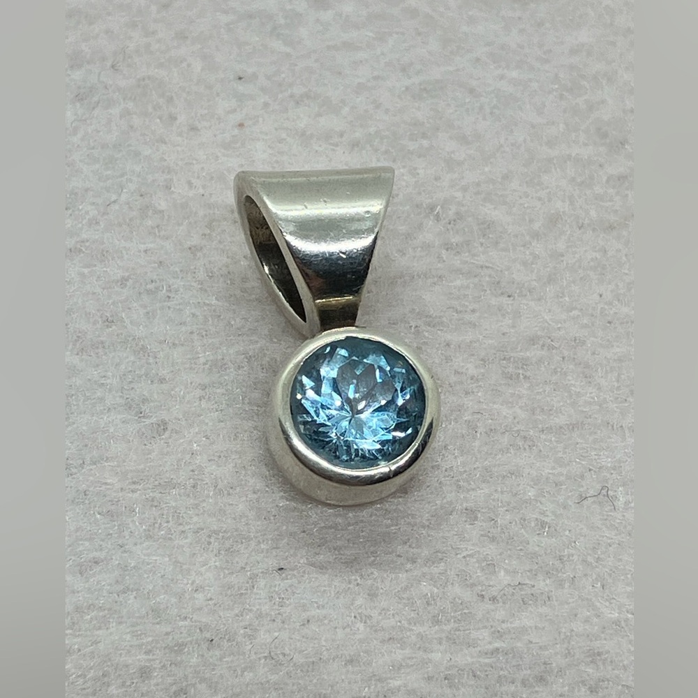 Vtg 925 Sterling Silver & Blue Topaz Round Headlight Pendant Large Bale